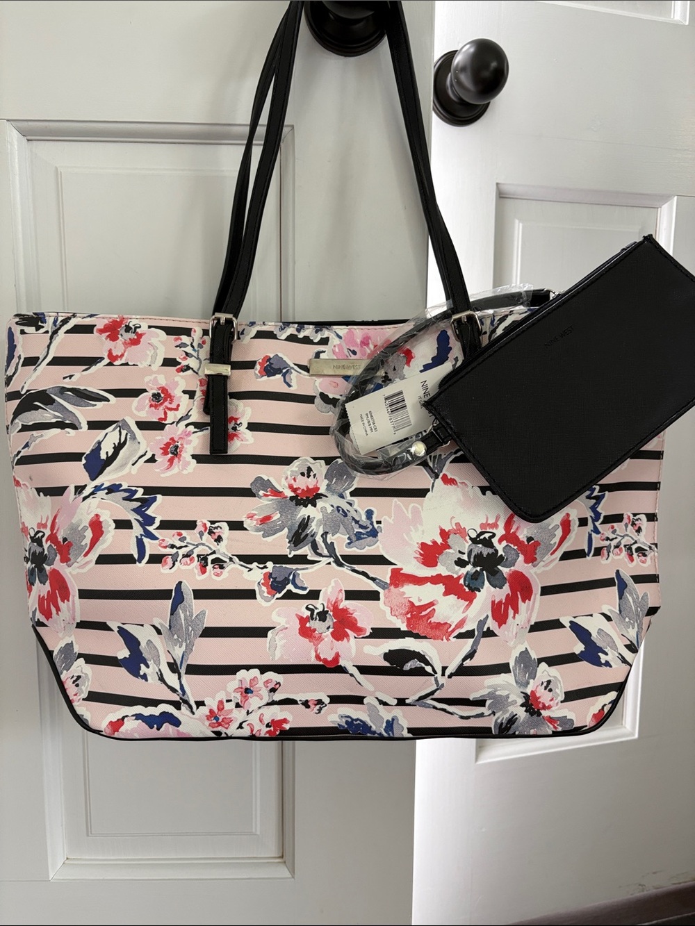 Nine West Pink Floral Stripe Tote with Black Pouch